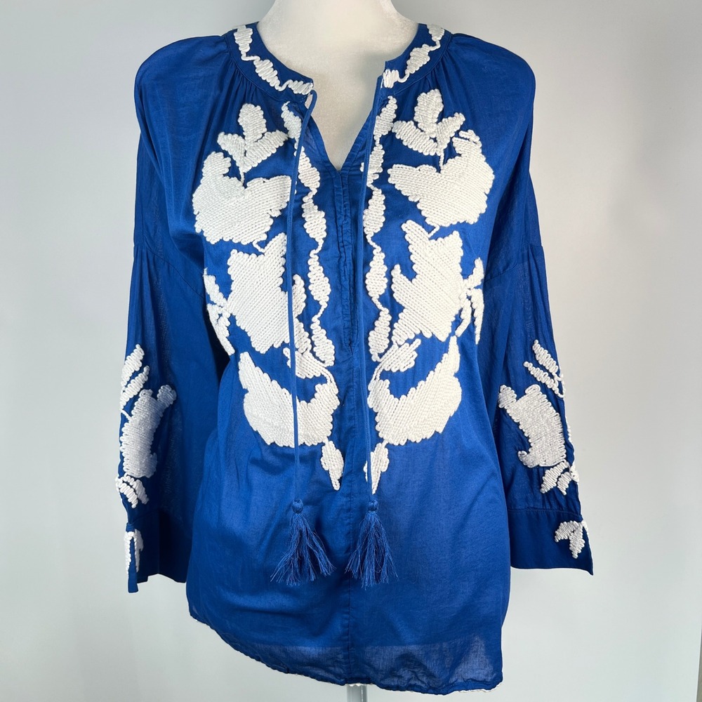 Chico's Blue Cotton Embroidered Tassel Peasant Blouse Tunic Top Size 2 L 12/14